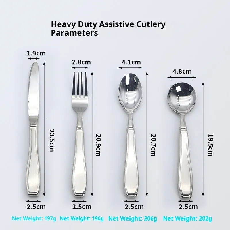 Stainless steel Western-style tableware set with anti-handshaking design including heavy-duty spoon, fork, and knife on a neutral background.