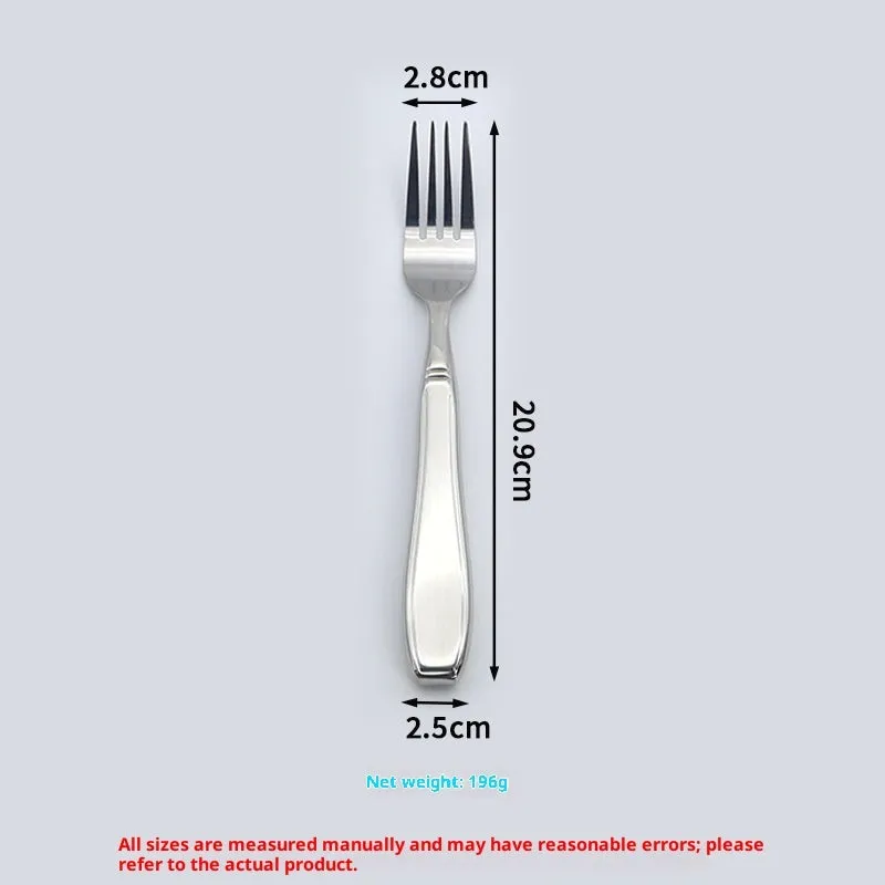 Stainless steel Western-style tableware set with anti-handshaking design including heavy-duty spoon, fork, and knife on a neutral background.
