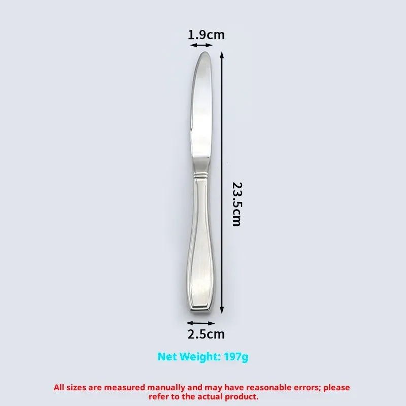 Stainless steel Western-style tableware set with anti-handshaking design including heavy-duty spoon, fork, and knife on a neutral background.