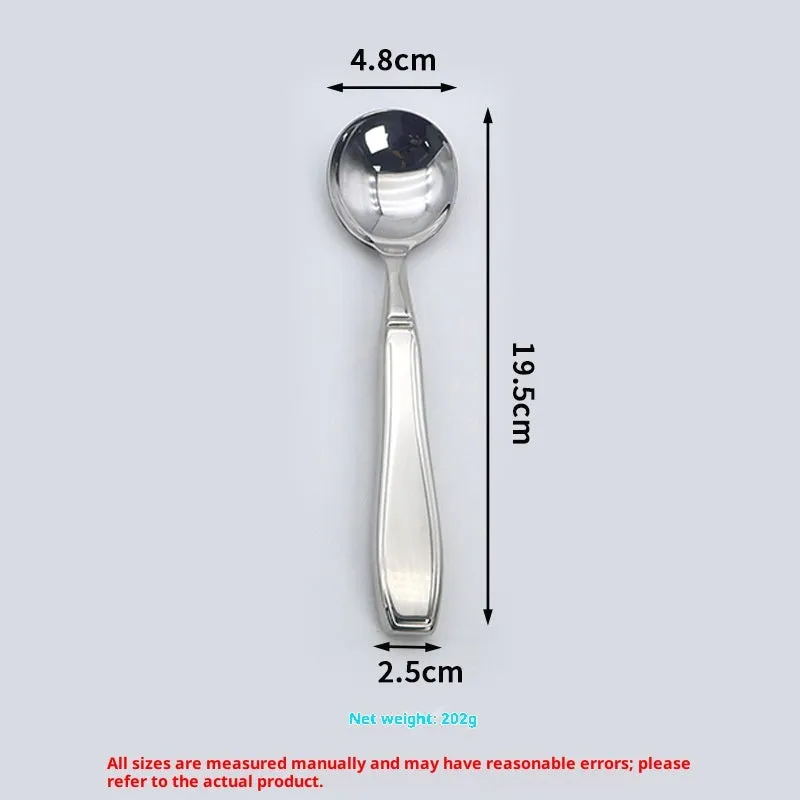 Stainless steel Western-style tableware set with anti-handshaking design including heavy-duty spoon, fork, and knife on a neutral background.