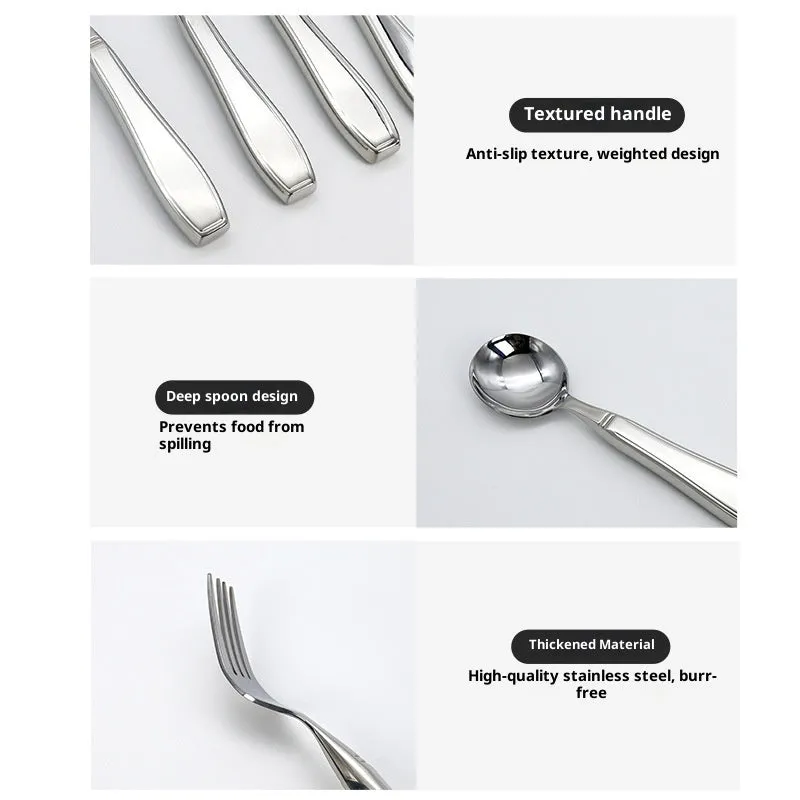 Stainless steel Western-style tableware set with anti-handshaking design including heavy-duty spoon, fork, and knife on a neutral background.