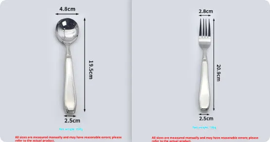 Stainless steel Western-style tableware set with anti-handshaking design including heavy-duty spoon, fork, and knife on a neutral background.