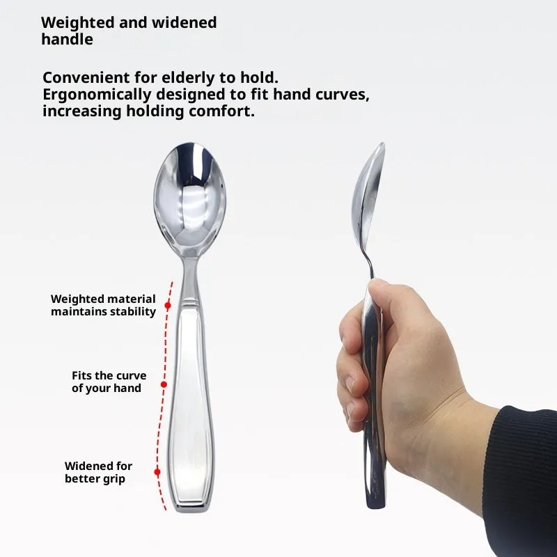 Stainless steel Western-style tableware set with anti-handshaking design including heavy-duty spoon, fork, and knife on a neutral background.