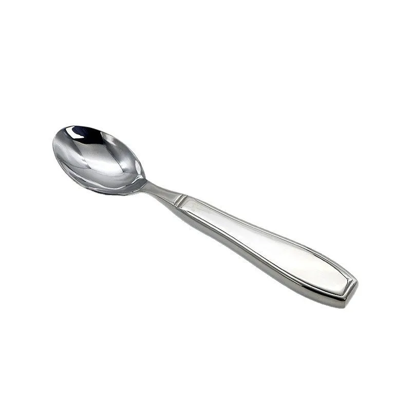 Stainless steel Western-style tableware set with anti-handshaking design including heavy-duty spoon, fork, and knife on a neutral background.