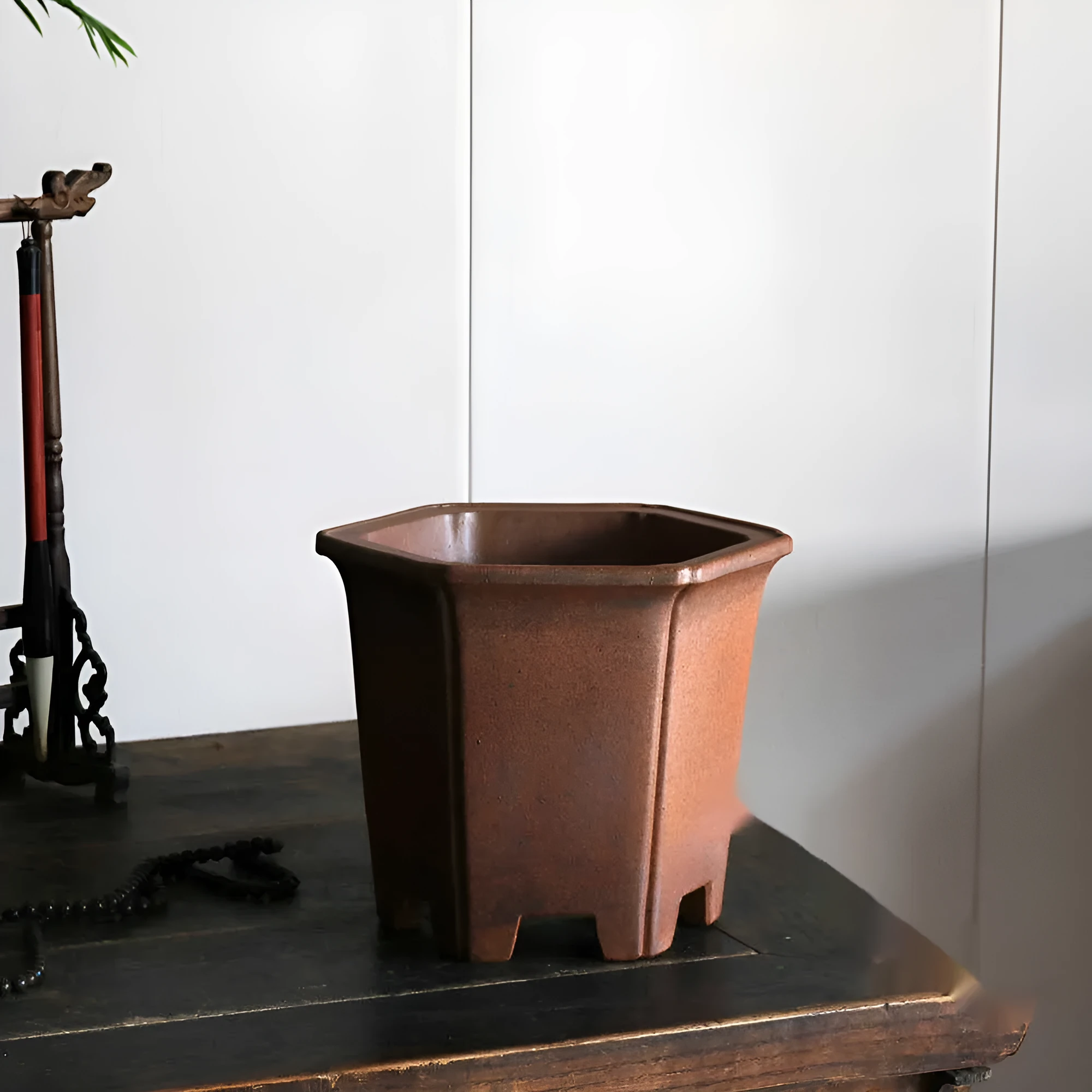 Handmade raw clay firewood kiln-changed hexagonal flower pot brown purple clay inner diagonal 18.5cm