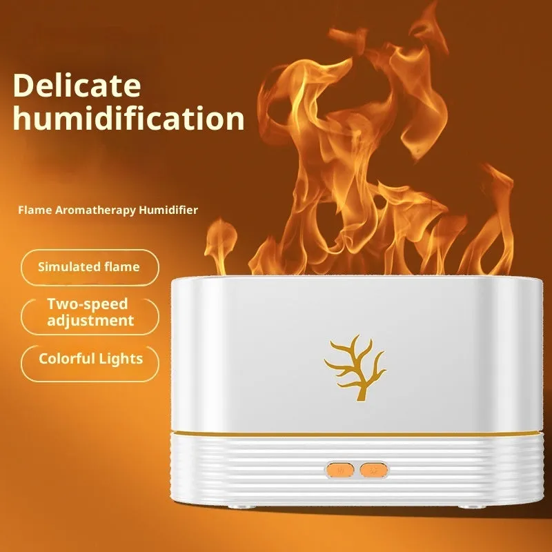 Square plastic USB aroma diffuser with 3D simulation flame effect and ambience light in white