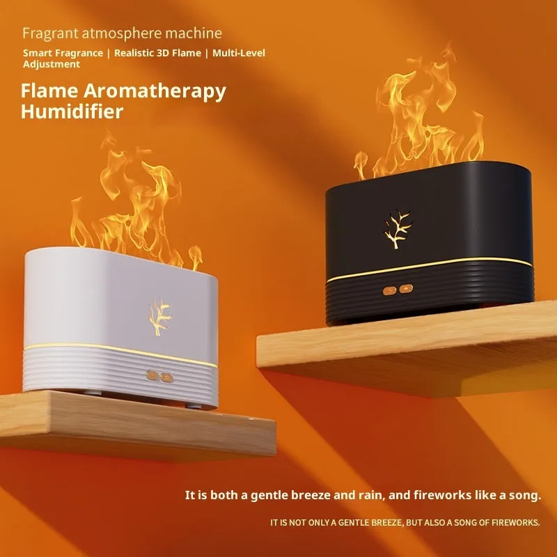 Square plastic USB aroma diffuser with 3D simulation flame effect and ambience light in white