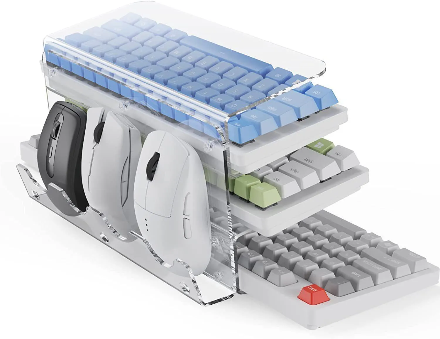 Plastic inclined computer keyboard holder bracket in black on a desk raising tray height for ergonomic typing