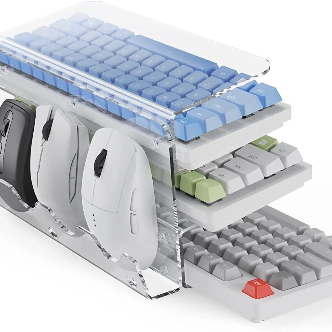 Plastic inclined computer keyboard holder bracket in black on a desk raising tray height for ergonomic typing
