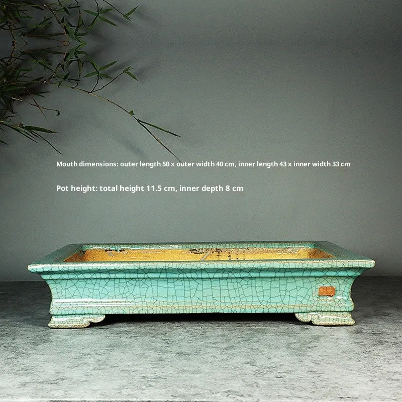 White cracked ceramic bamboo bonsai flowerpot with manual purple sand finish, 42.5x27.5cm size option.