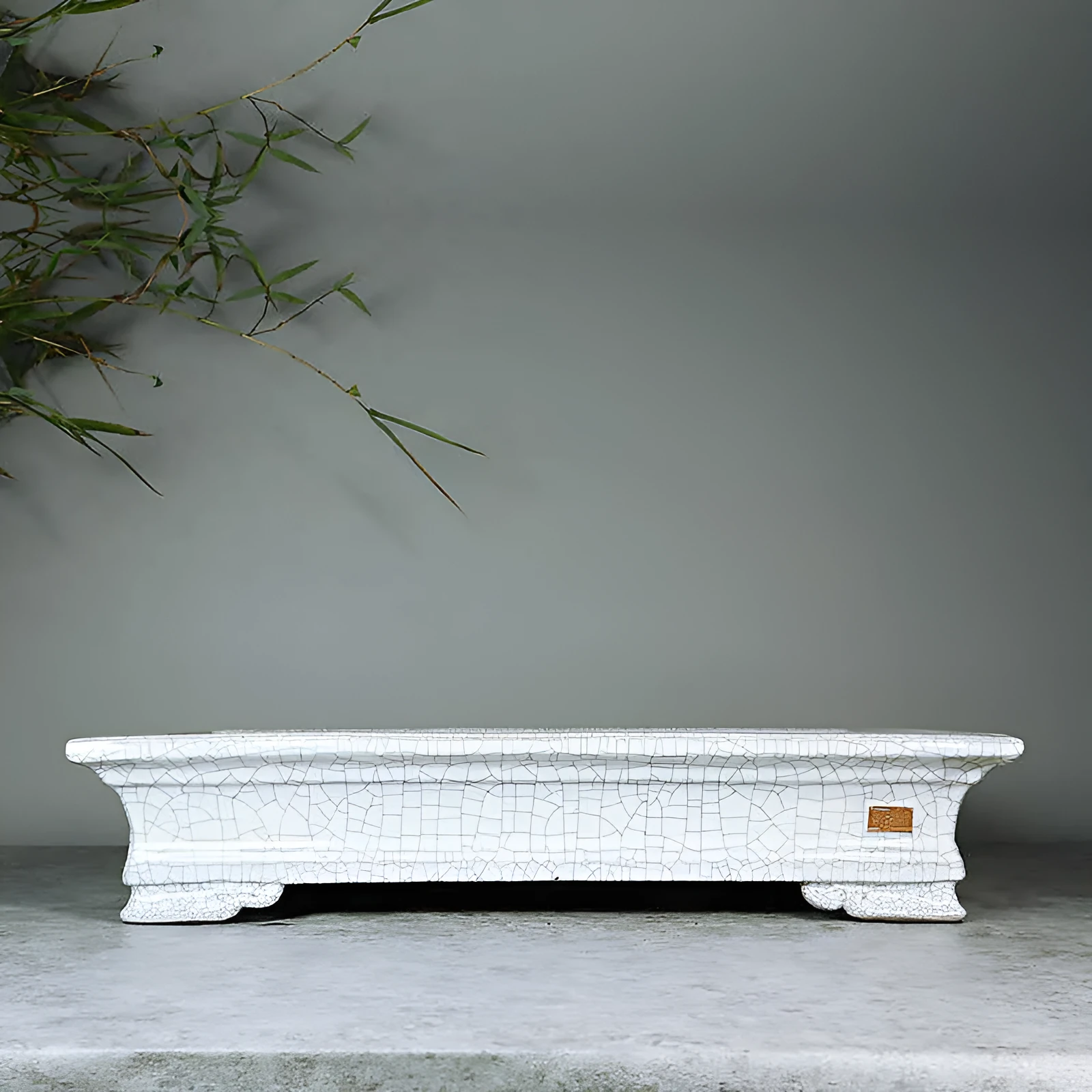 White cracked ceramic bamboo bonsai flowerpot with manual purple sand finish, 42.5x27.5cm size option.