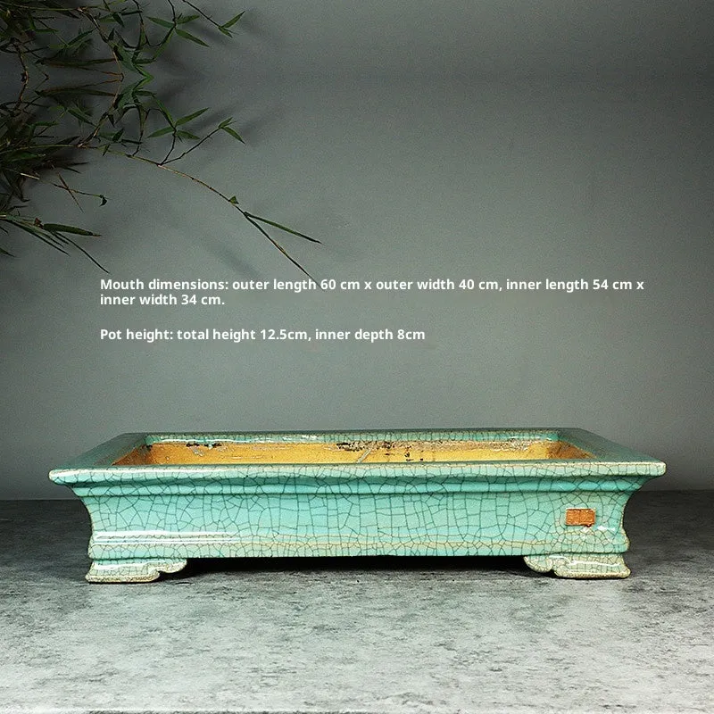 White cracked ceramic bamboo bonsai flowerpot with manual purple sand finish, 42.5x27.5cm size option.