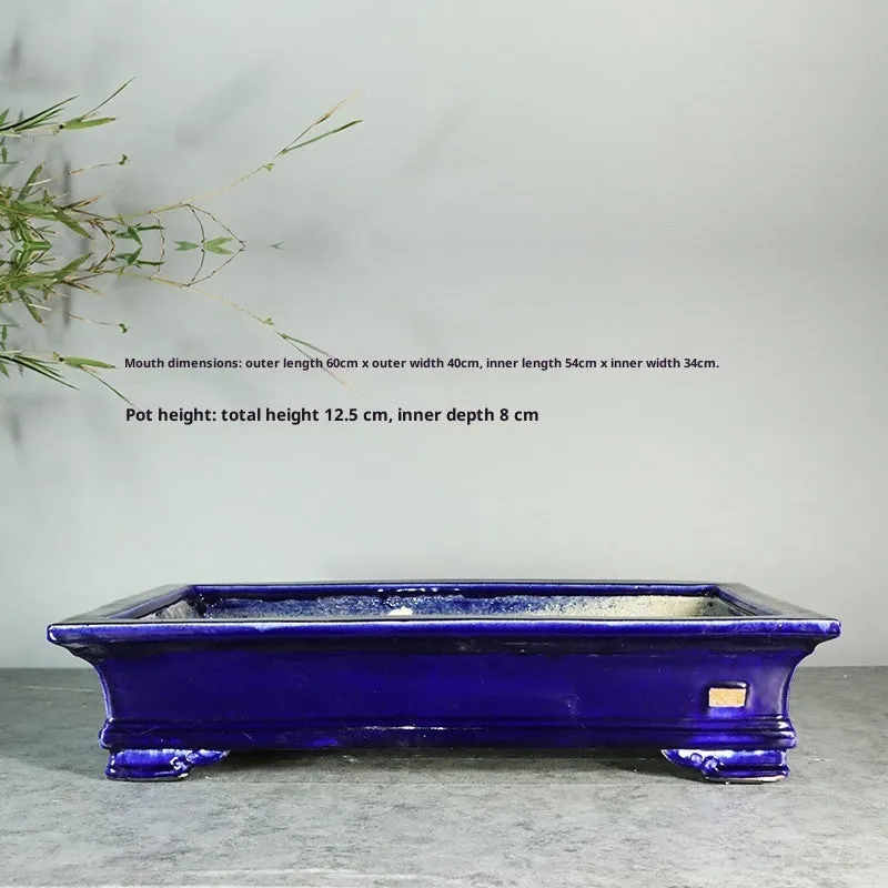 White cracked ceramic bamboo bonsai flowerpot with manual purple sand finish, 42.5x27.5cm size option.