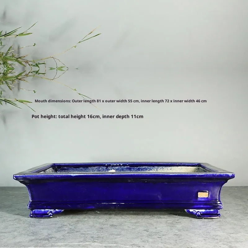 White cracked ceramic bamboo bonsai flowerpot with manual purple sand finish, 42.5x27.5cm size option.