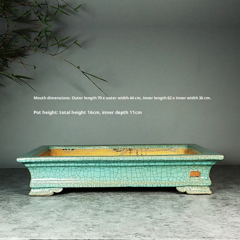 White cracked ceramic bamboo bonsai flowerpot with manual purple sand finish, 42.5x27.5cm size option.