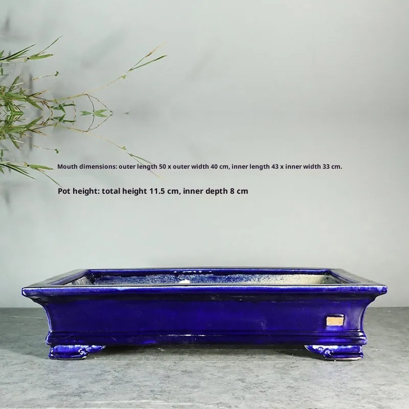 White cracked ceramic bamboo bonsai flowerpot with manual purple sand finish, 42.5x27.5cm size option.