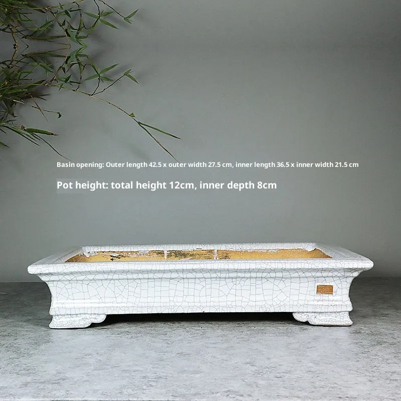 White cracked ceramic bamboo bonsai flowerpot with manual purple sand finish, 42.5x27.5cm size option.