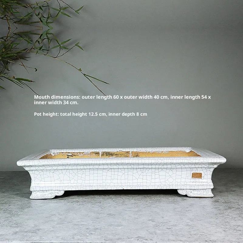 White cracked ceramic bamboo bonsai flowerpot with manual purple sand finish, 42.5x27.5cm size option.