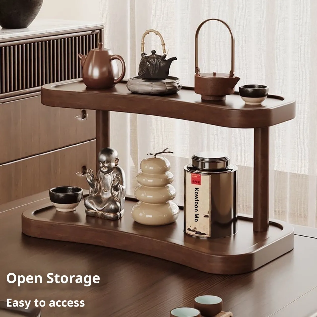 Two-layer bamboo cup storage rack on a tabletop with small items organised on both tiers