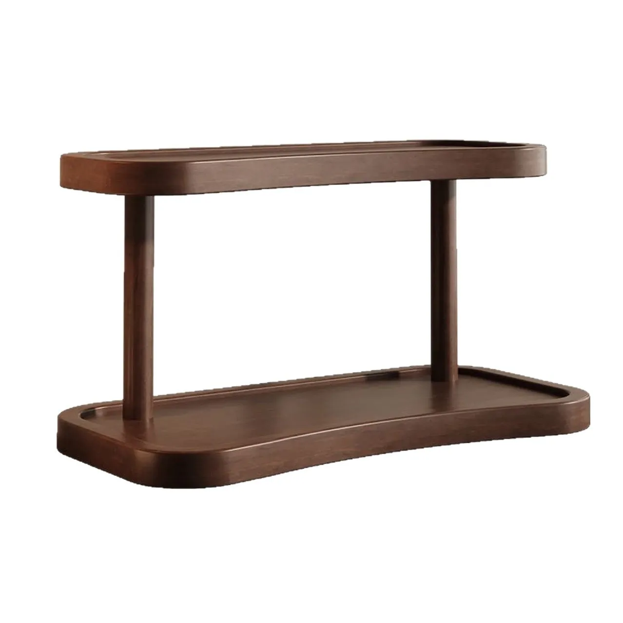 Two-layer bamboo cup storage rack on a tabletop with small items organised on both tiers