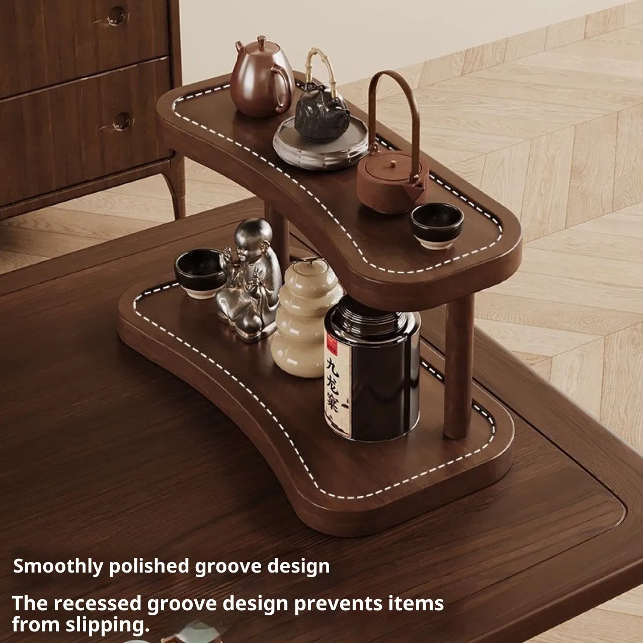 Two-layer bamboo cup storage rack on a tabletop with small items organised on both tiers