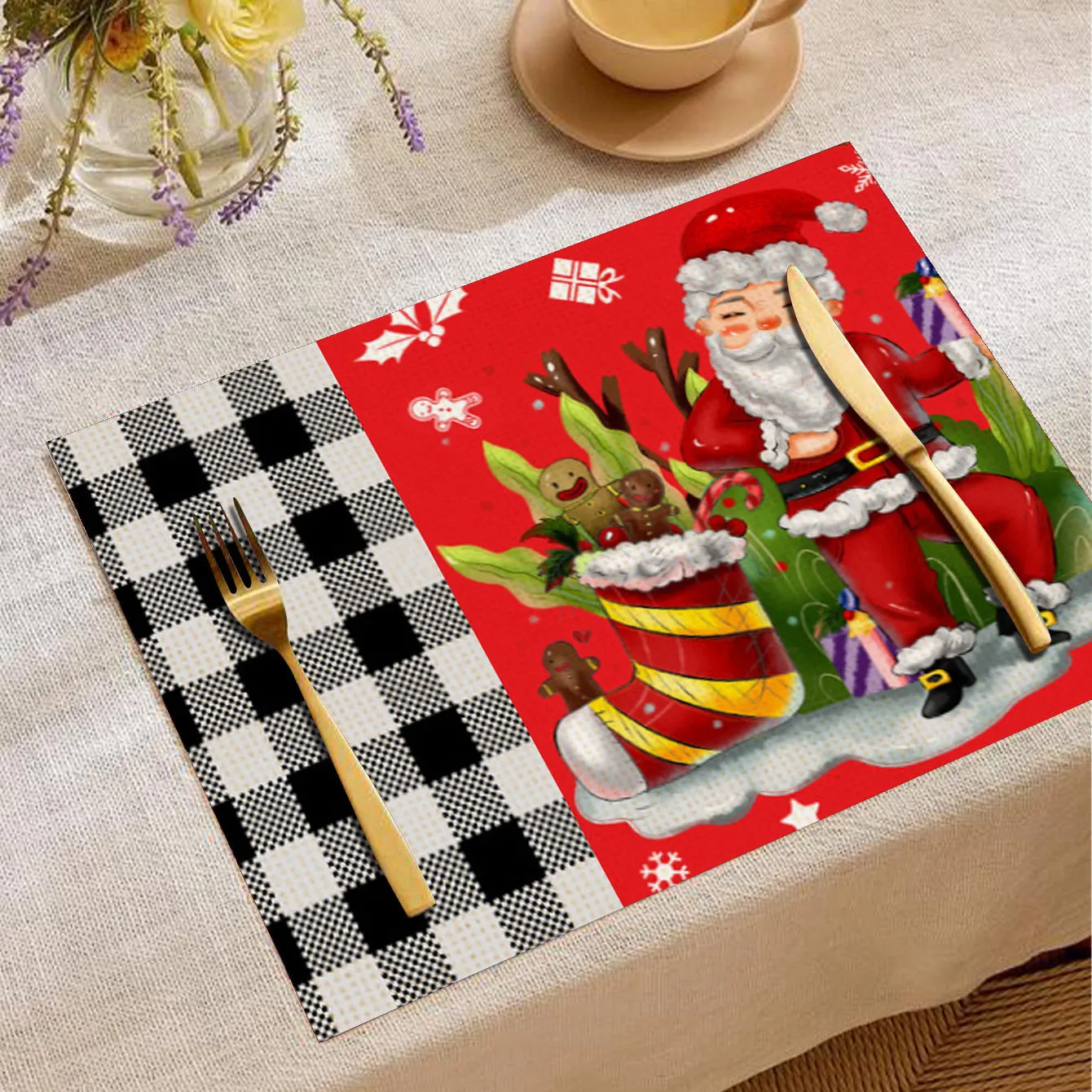 Christmas cartoon elk print square placemat in linen, 33x45cm, multiple colours available