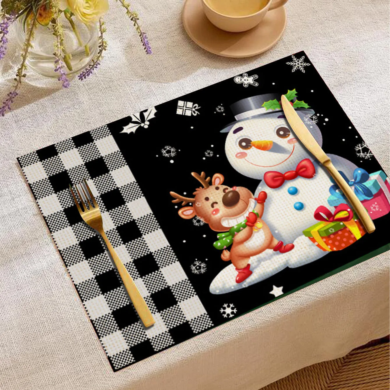 Christmas cartoon elk print square placemat in linen, 33x45cm, multiple colours available