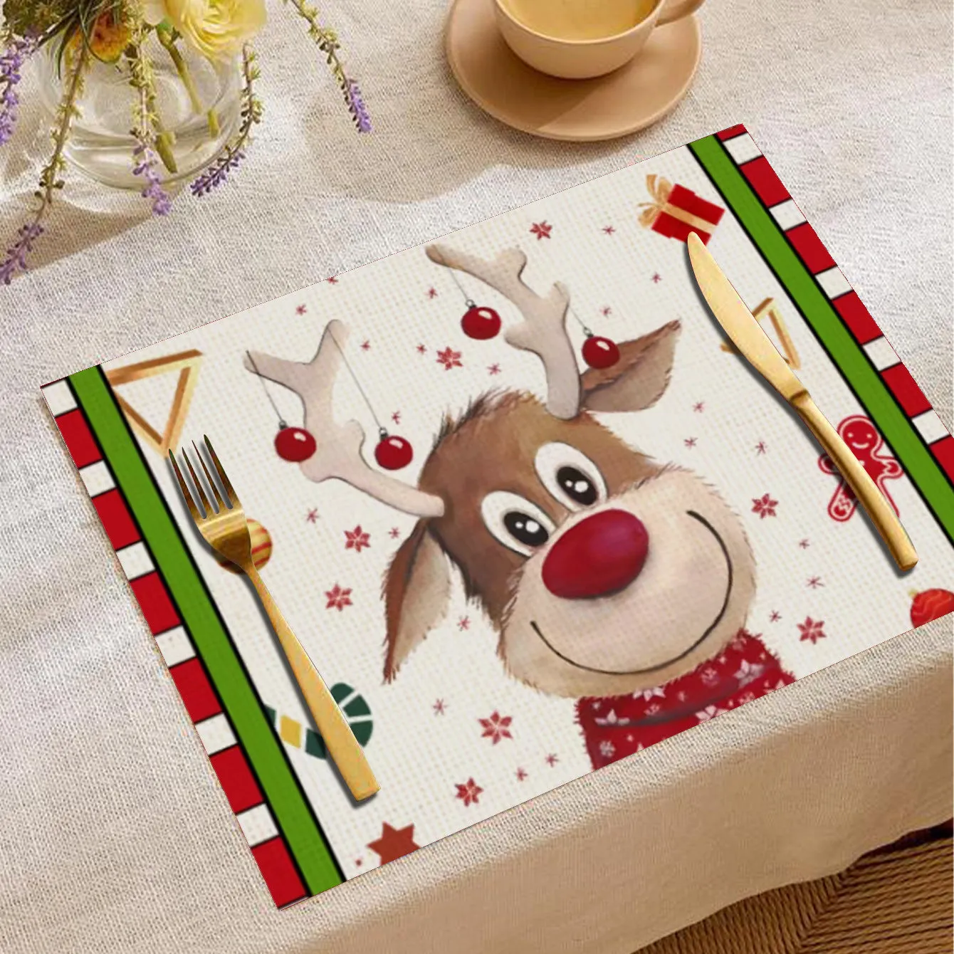 Christmas cartoon elk print square placemat in linen, 33x45cm, multiple colours available