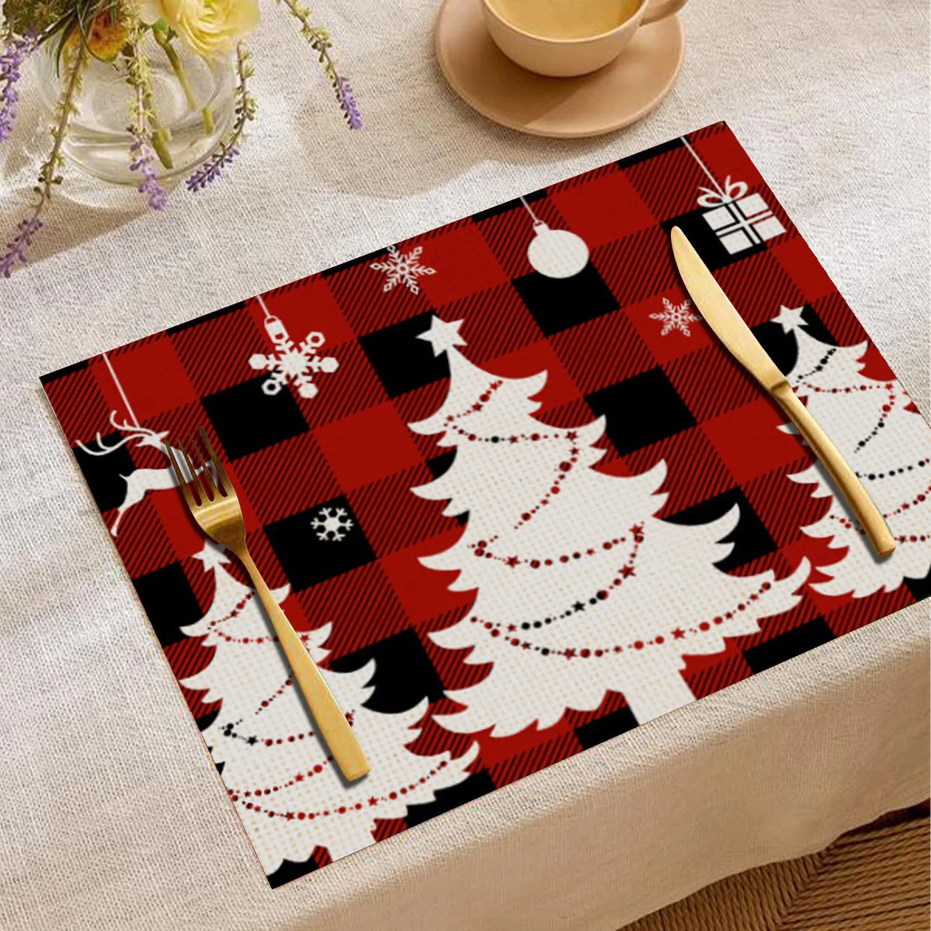 Christmas cartoon elk print square placemat in linen, 33x45cm, multiple colours available