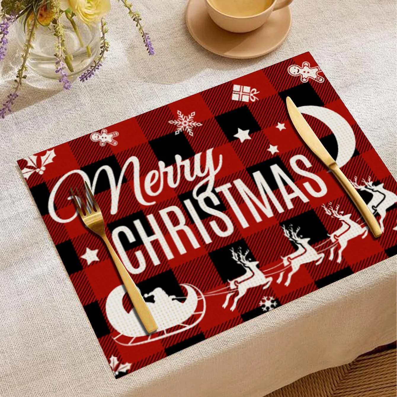 Christmas cartoon elk print square placemat in linen, 33x45cm, multiple colours available