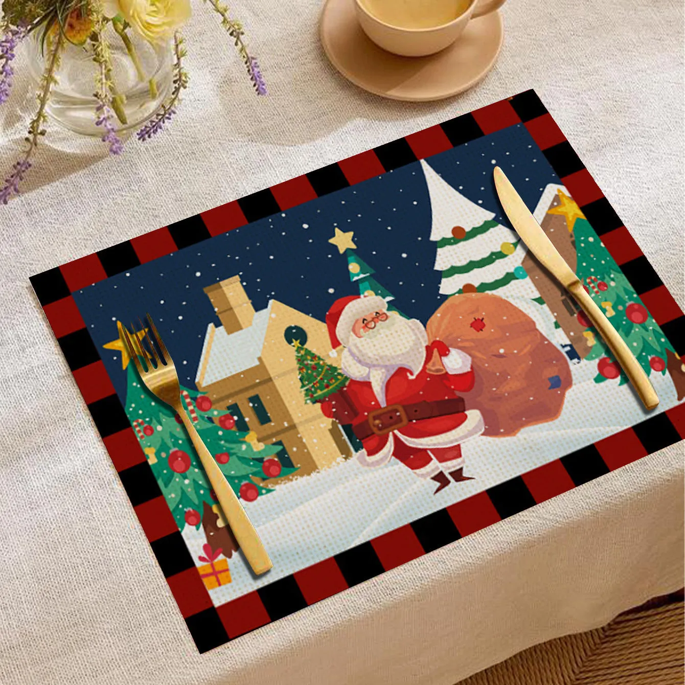 Christmas cartoon elk print square placemat in linen, 33x45cm, multiple colours available