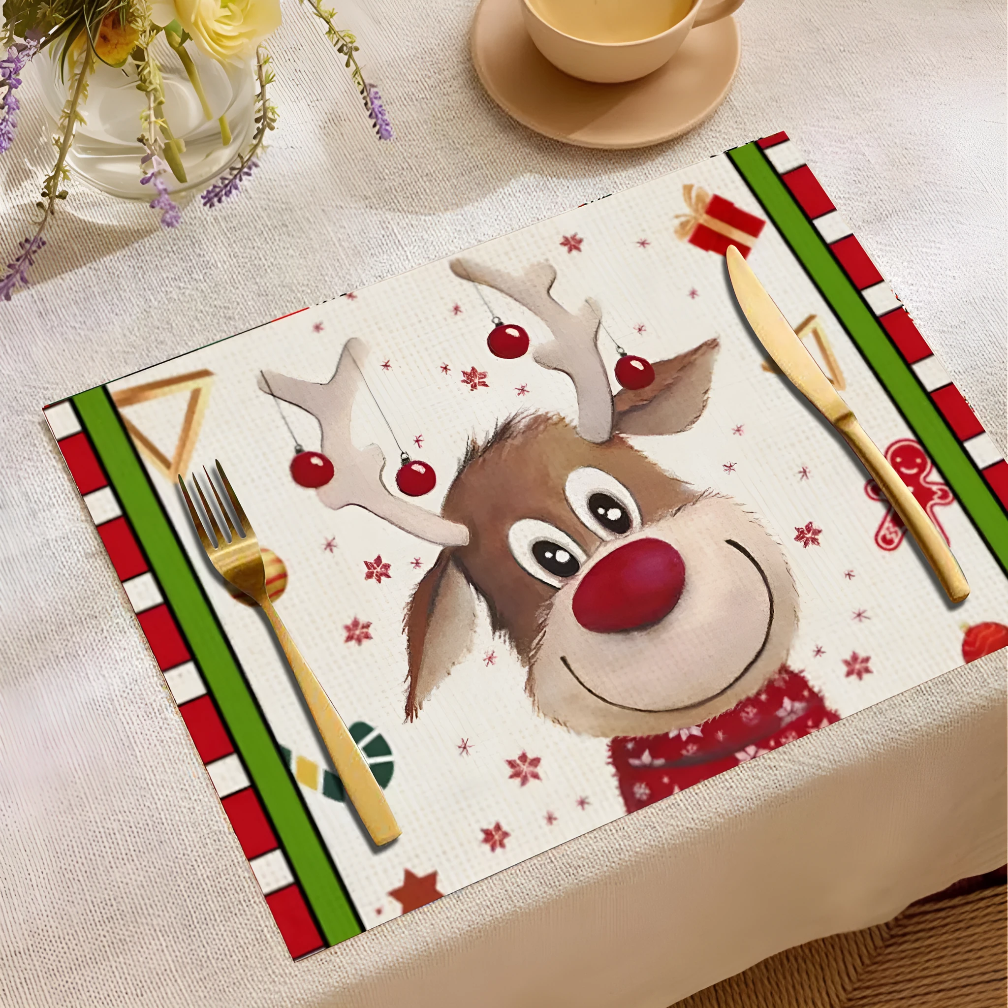 Christmas cartoon elk print square placemat in linen, 33x45cm, multiple colours available