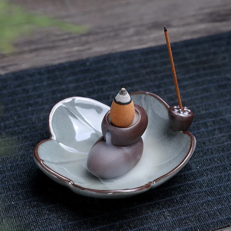Ceramic reverse flow incense burner with Chinese purple clay crafts design and square base