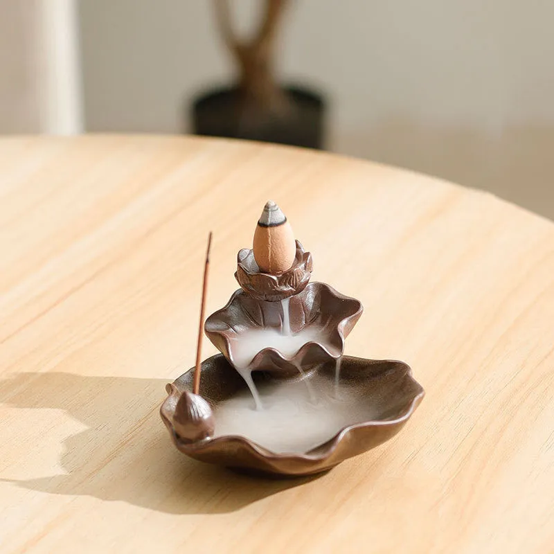 Ceramic reverse flow incense burner with Chinese purple clay crafts design and square base
