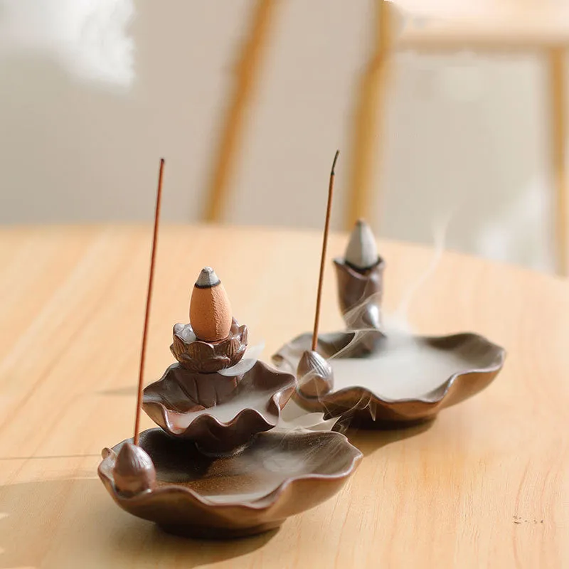 Ceramic reverse flow incense burner with Chinese purple clay crafts design and square base