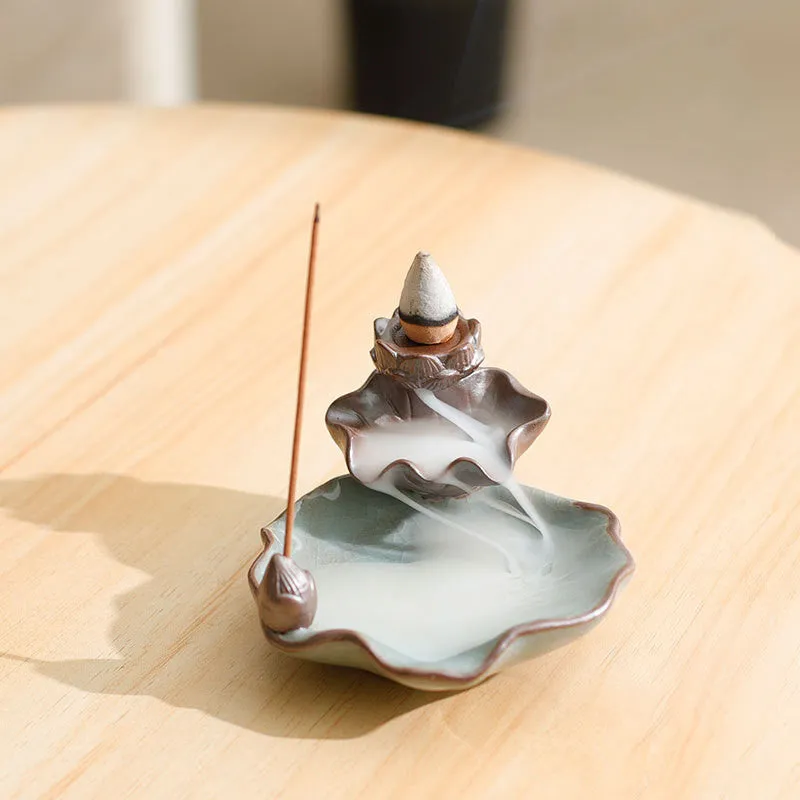 Ceramic reverse flow incense burner with Chinese purple clay crafts design and square base