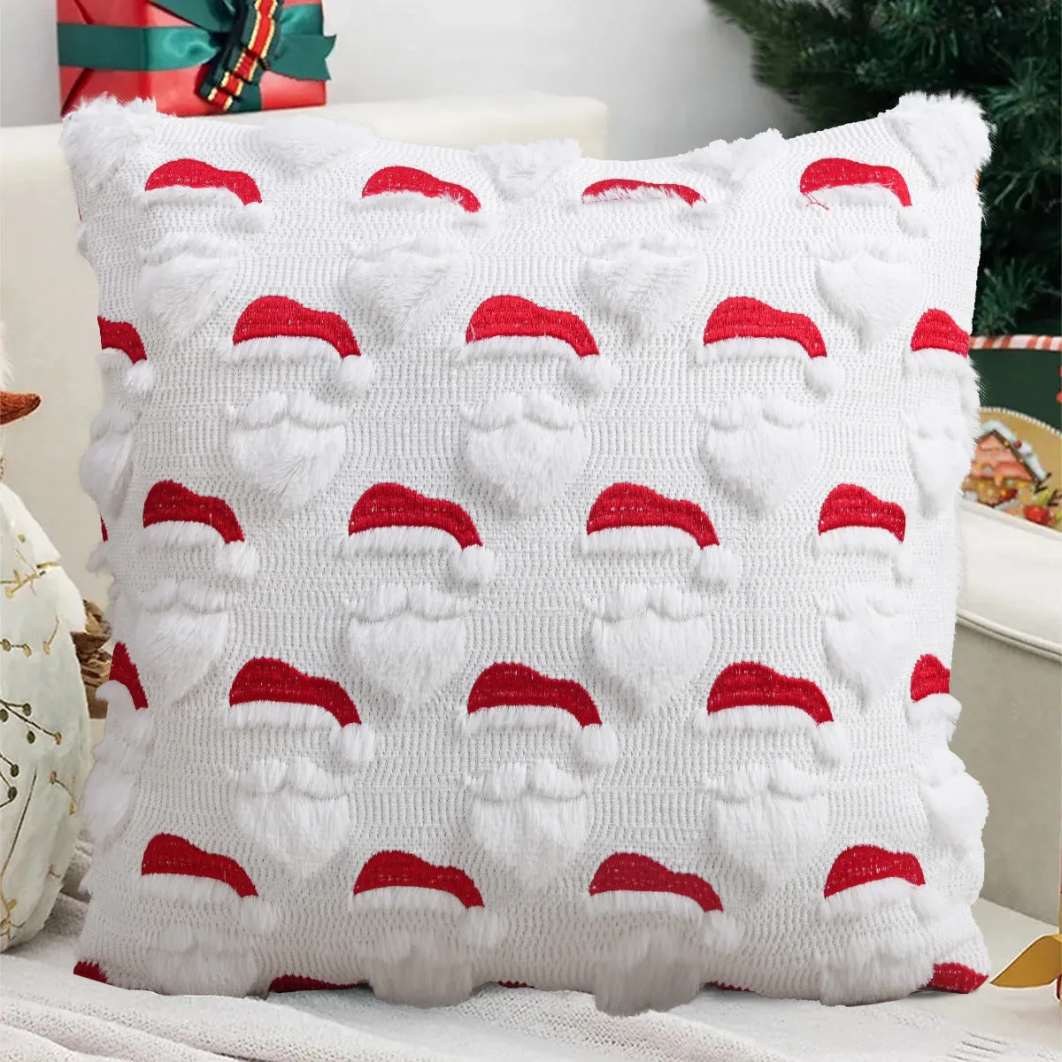 Plush stereo ghost embroidered black and white holiday decorative cushion cover 45x45cm on sofa