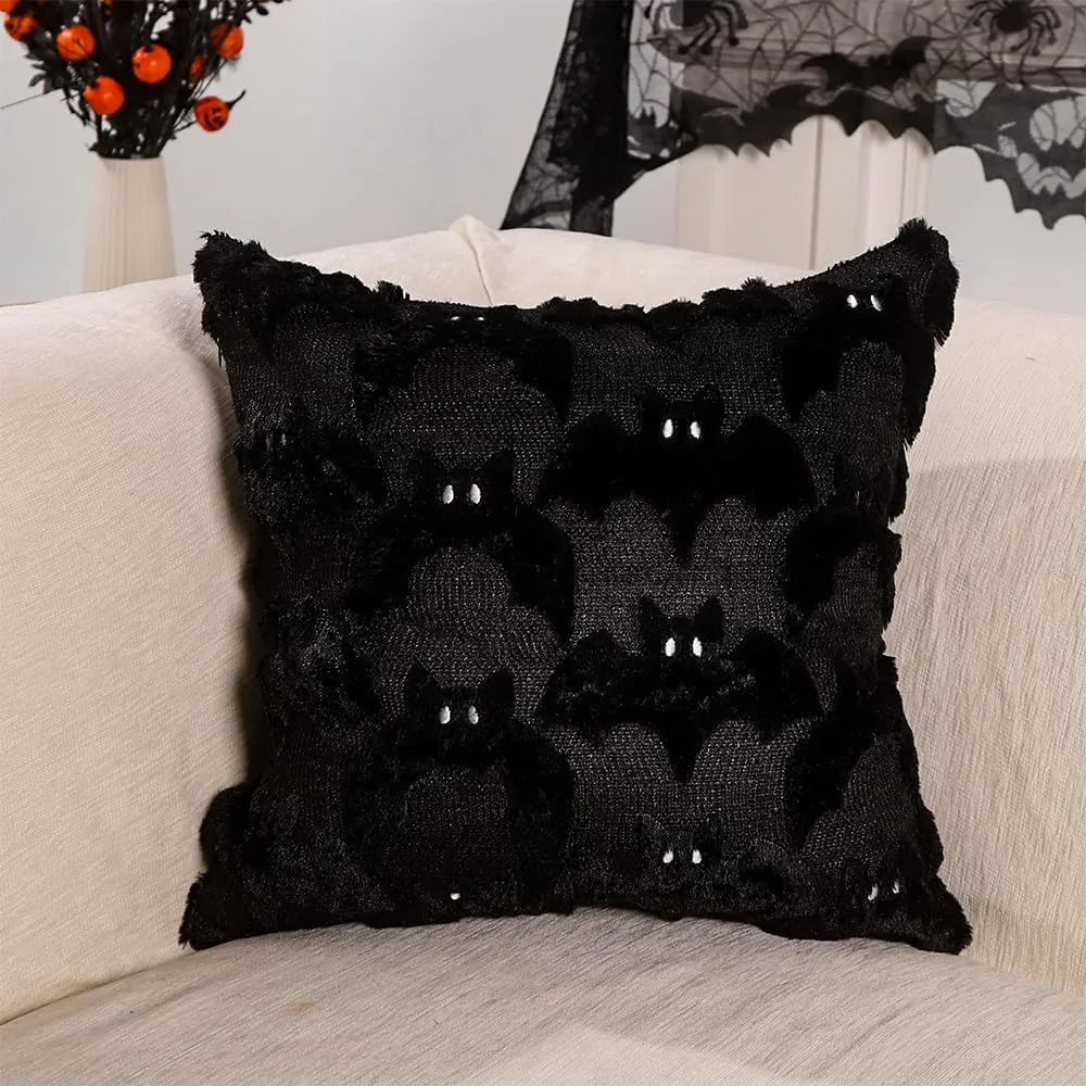 Plush stereo ghost embroidered black and white holiday decorative cushion cover 45x45cm on sofa