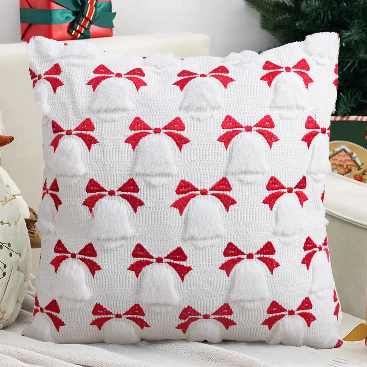 Plush stereo ghost embroidered black and white holiday decorative cushion cover 45x45cm on sofa