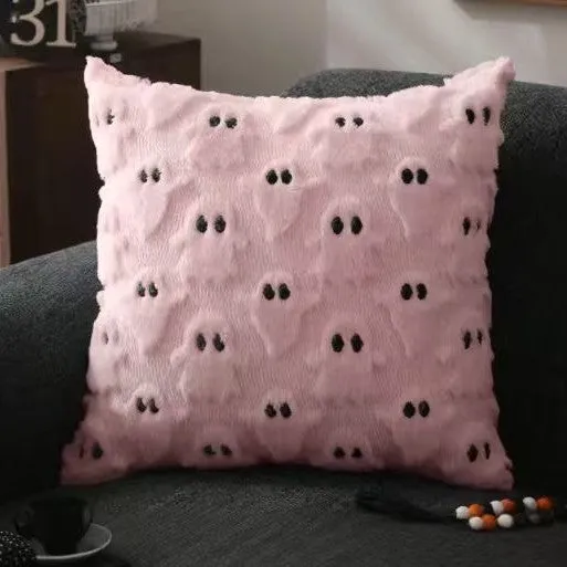 Plush stereo ghost embroidered black and white holiday decorative cushion cover 45x45cm on sofa