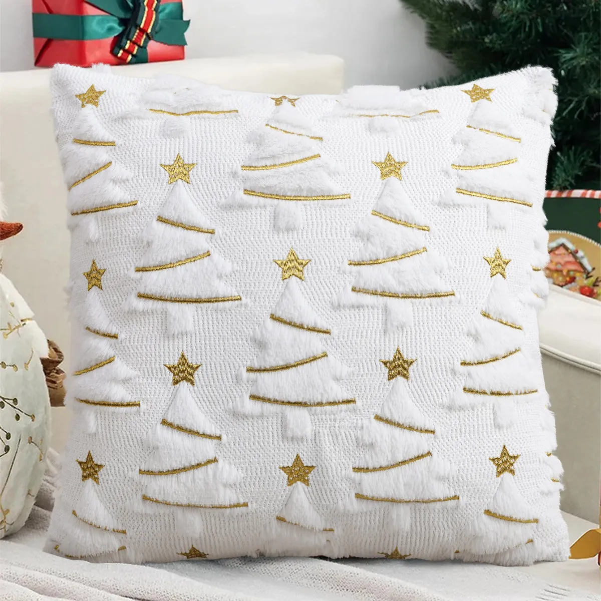 Plush stereo ghost embroidered black and white holiday decorative cushion cover 45x45cm on sofa