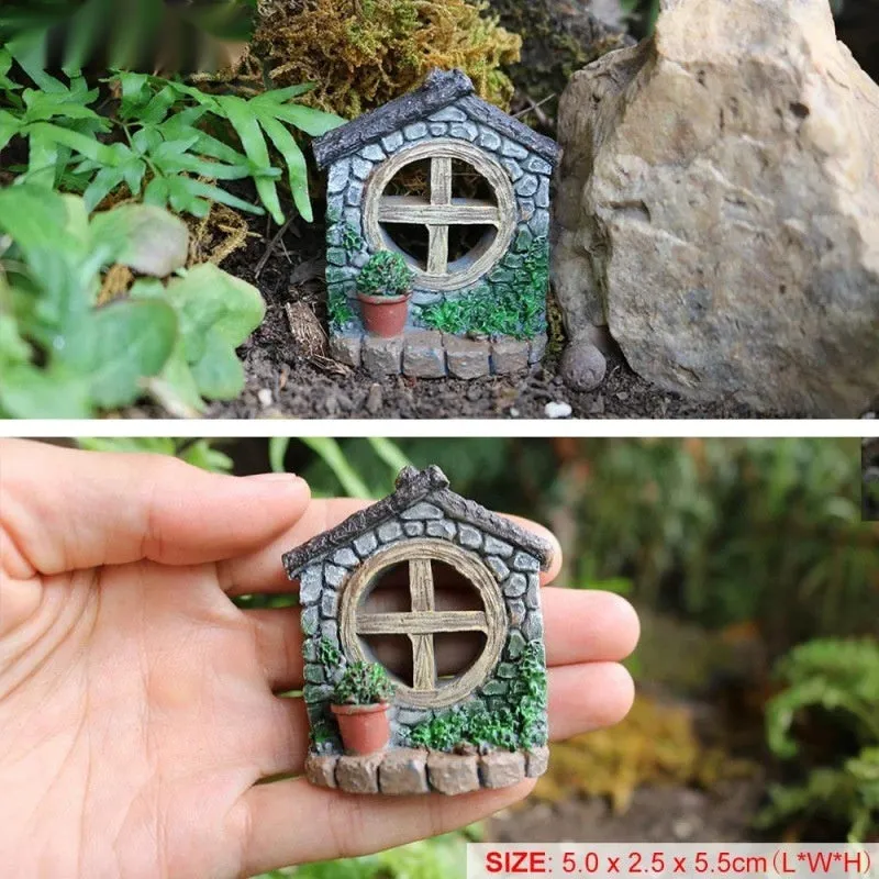 Single retro-style resin fairy garden ornament on a shelf, synthetic resin material, natural indoor lighting