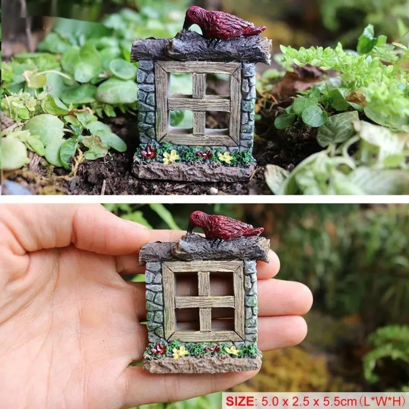 Single retro-style resin fairy garden ornament on a shelf, synthetic resin material, natural indoor lighting