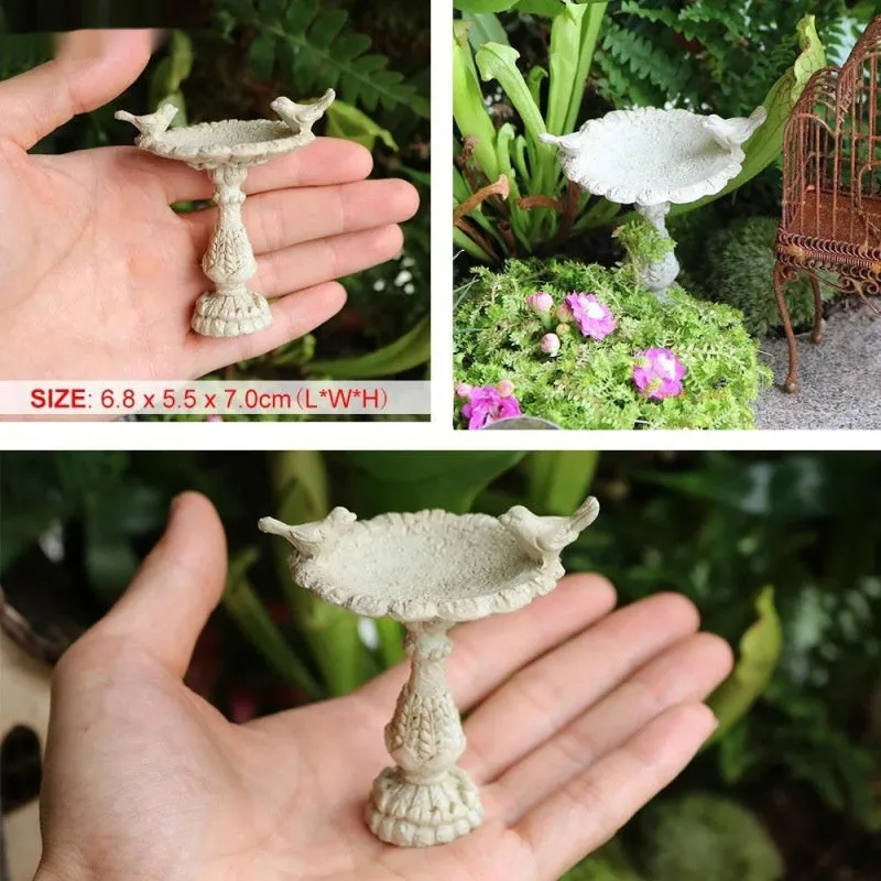 Single retro-style resin fairy garden ornament on a shelf, synthetic resin material, natural indoor lighting