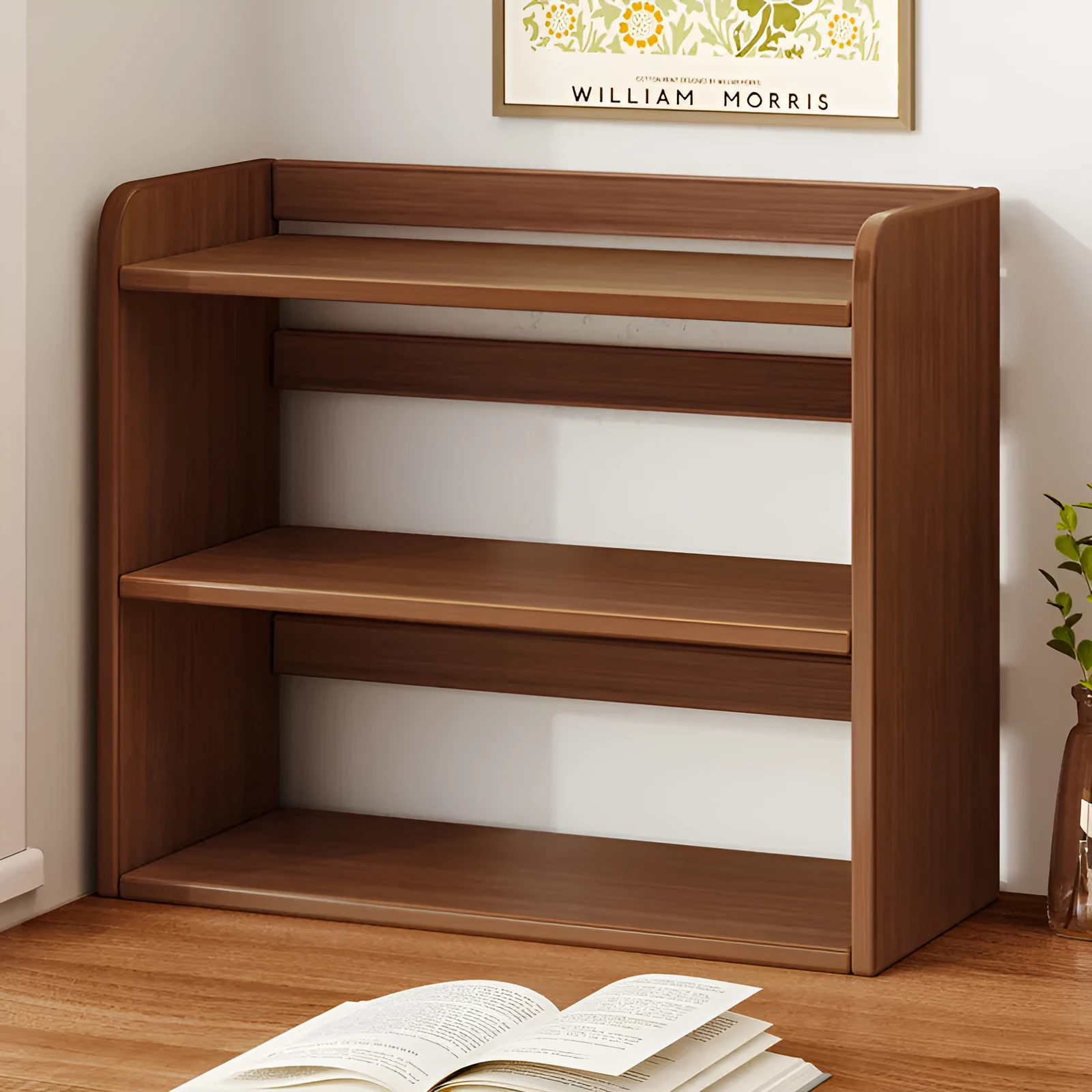Desktop bookshelf three-layer 50cm density board dark walnut colour on desk with books
