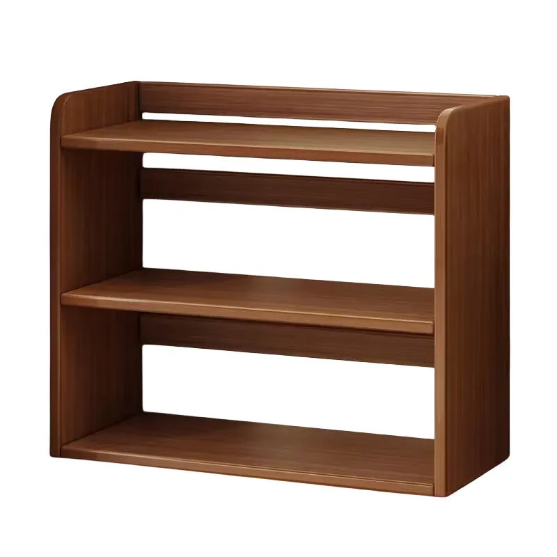 Desktop bookshelf three-layer 50cm density board dark walnut colour on desk with books
