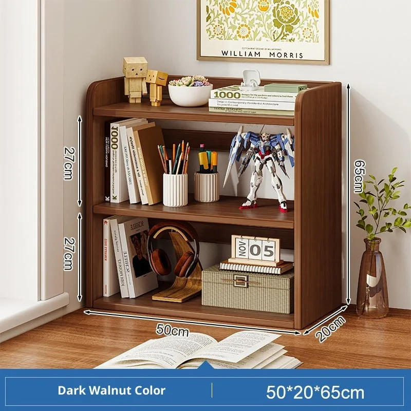 Desktop bookshelf three-layer 50cm density board dark walnut colour on desk with books