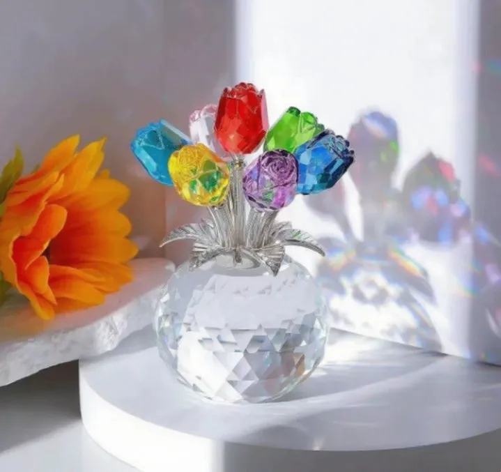 Handmade geometric crystal rose glass craft in Chinese style, shown in one of seven available colour options.