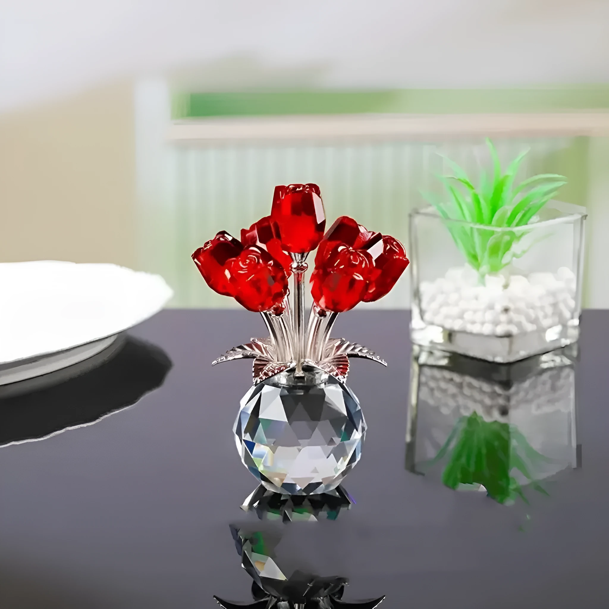 Handmade geometric crystal rose glass craft in Chinese style, shown in one of seven available colour options.
