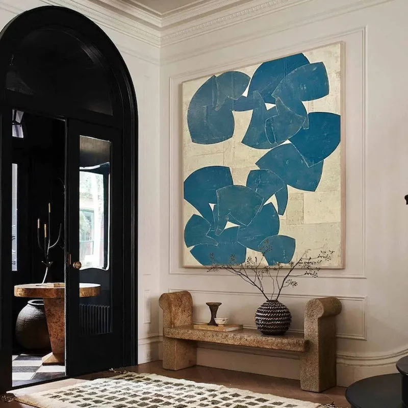 Hand painted abstract oil painting on canvas, blue acrylic modern wall art, square size 60cm x 60cm, no frame